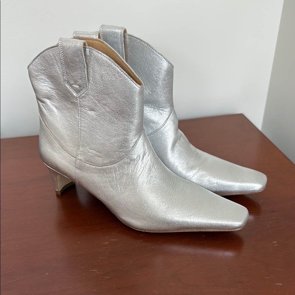 STAUD Wally Silver Heeled Boots with Western Flair